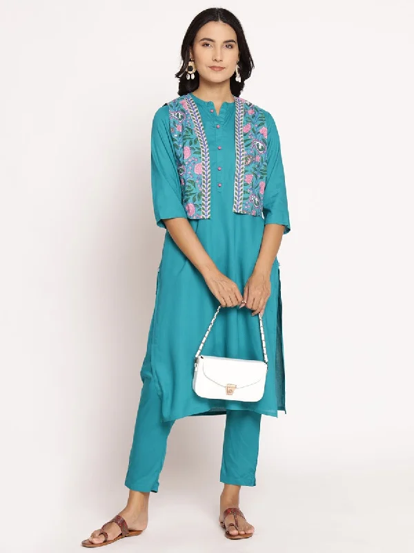 Women Turquoise Blue Solid Kurta Jacket Trouser