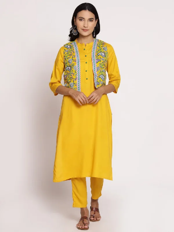 Women Yellow Solid Kurta Jacket Trouser