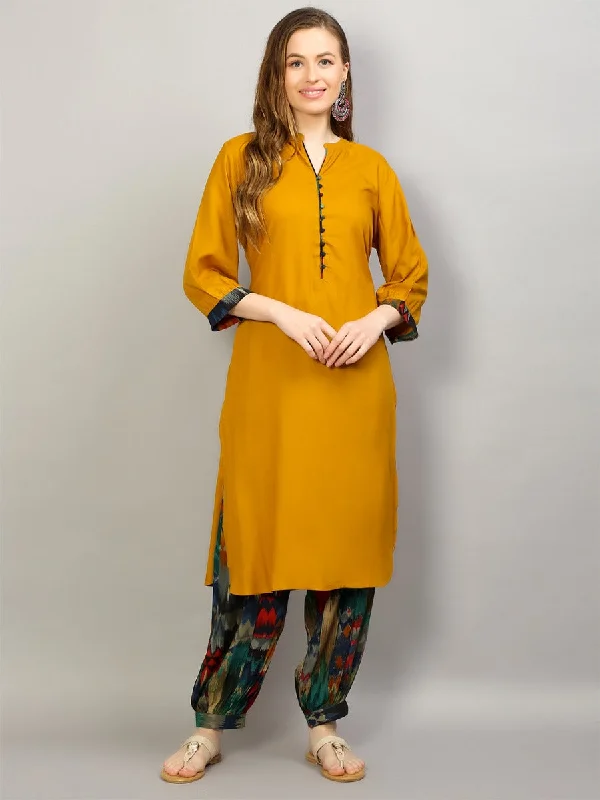 Women Mustard & Blue Solid Kurta With Pant