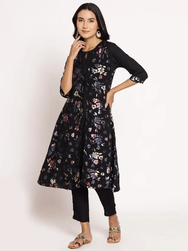 Women Black Floral Printed Kurta Jacket Trouser