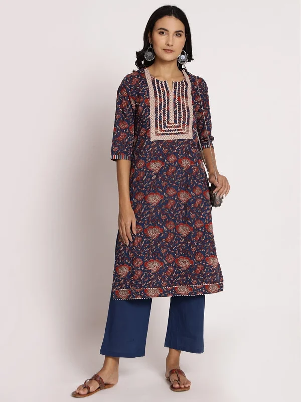 Women Blue Floral Printed Kurta With Comfort Pant