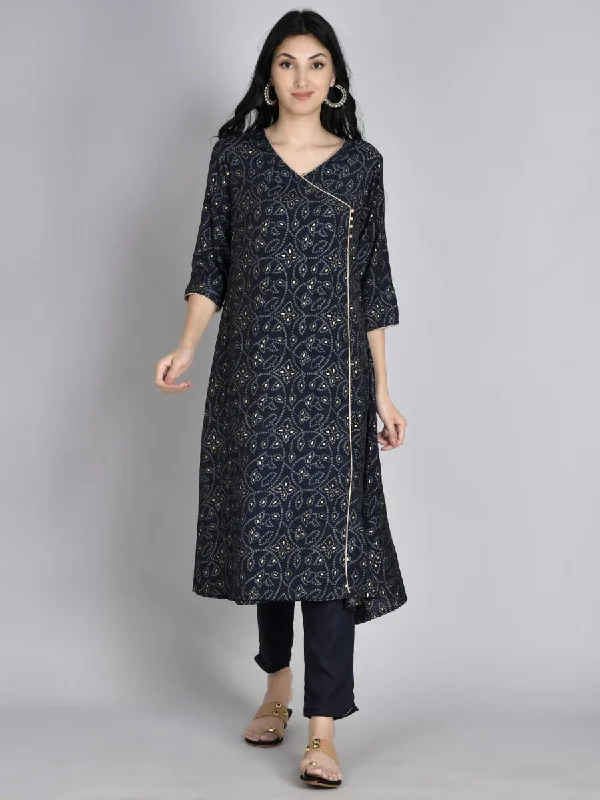 Women Navy Blue Geometric Printed Kurta With Trouser