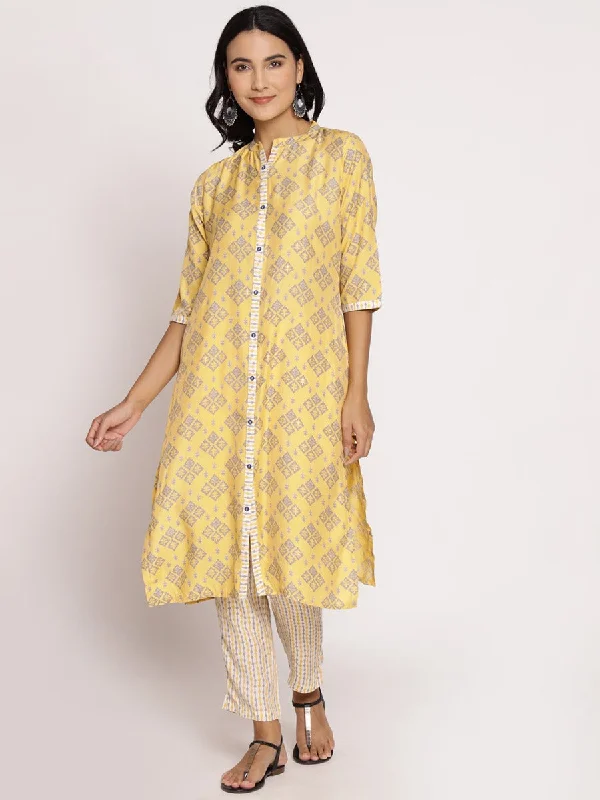 Women Yellow Ornamental Printed Kurta With Trouser