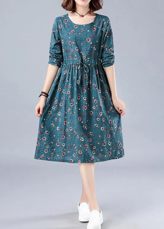 Bohemian Blue Print Robes O Neck Drawstring Daily Spring Dresses