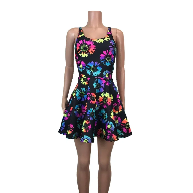 SALE - SMALL ONLY - Electric Daisy Neon Flower Skater fit n flare Tank Dress