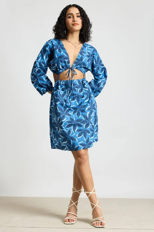 Blue Printed Poplin Dress