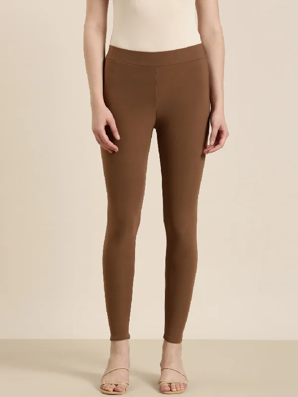 Women Coffee Brown Solid Leggings