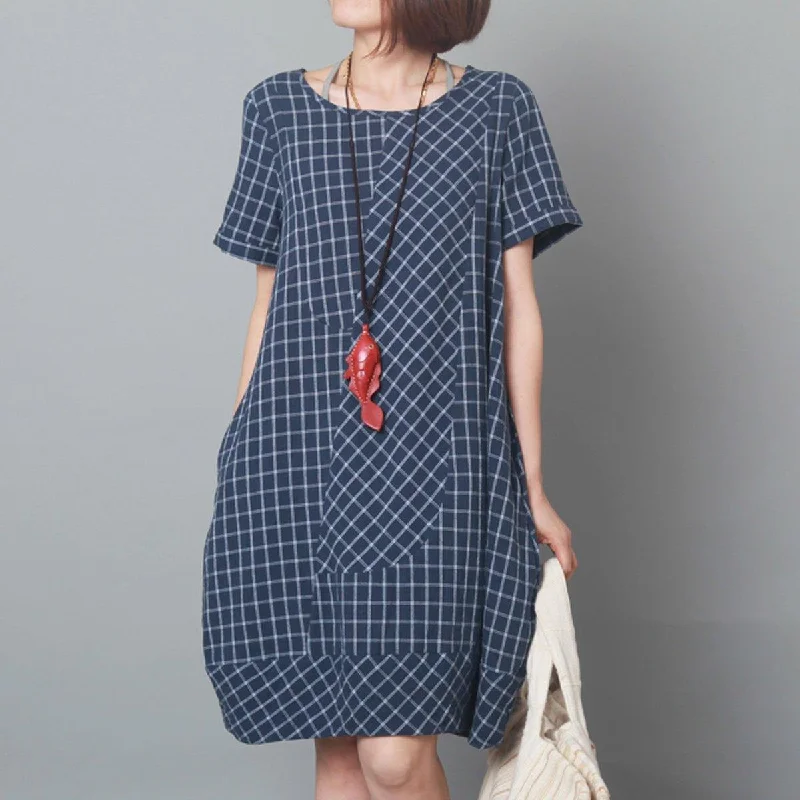 Blue plaid oversize sundress cotton summer shift dresses