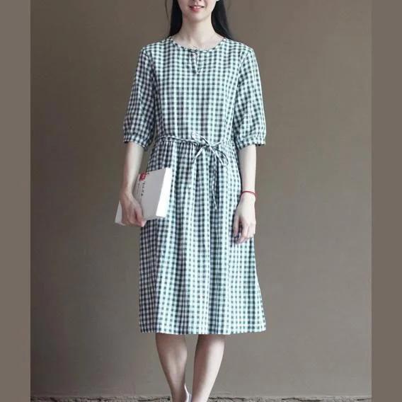 Green plaid sundress cotton summer fit flare dresses vintage style