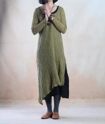 Tea green simple pleated linen maxi dress oversize linen dresses