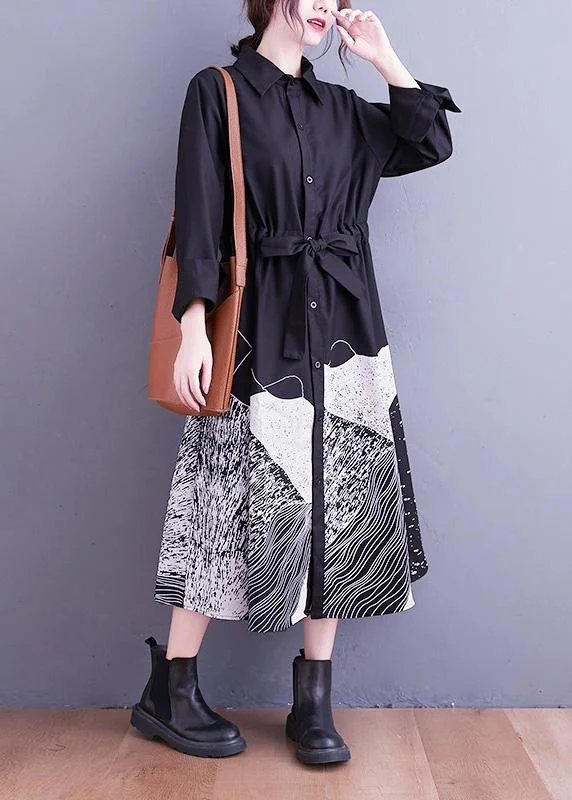 Handmade Lapel Tie Waist Clothes Work Outfits Black Abstract pattern Maxi Dresses