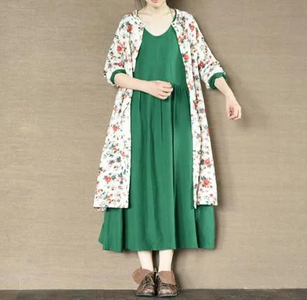 Emerald green linen sundress women linen maxi dress oversize cotton summer dresses