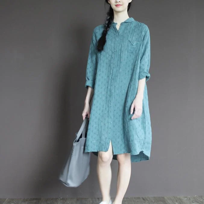 Blue linen half sleeve sundress plus size casual summer shirt dresses