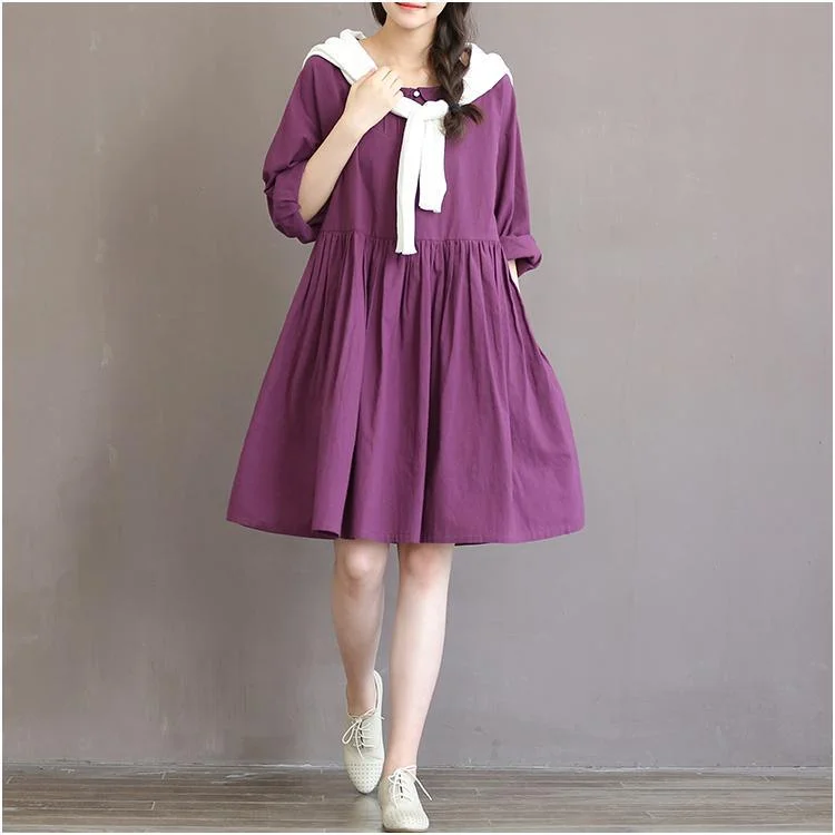 Purple retro linen dress half sleeve pleated sundress cotton summer dresses spring bottoming dress