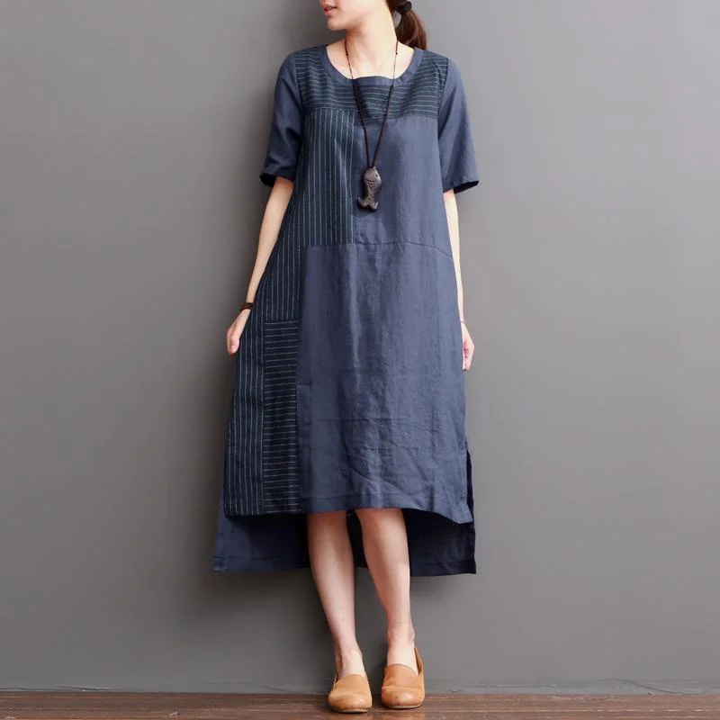 Navy linen dresses for summer patchwork asymmetrical desgin sundress