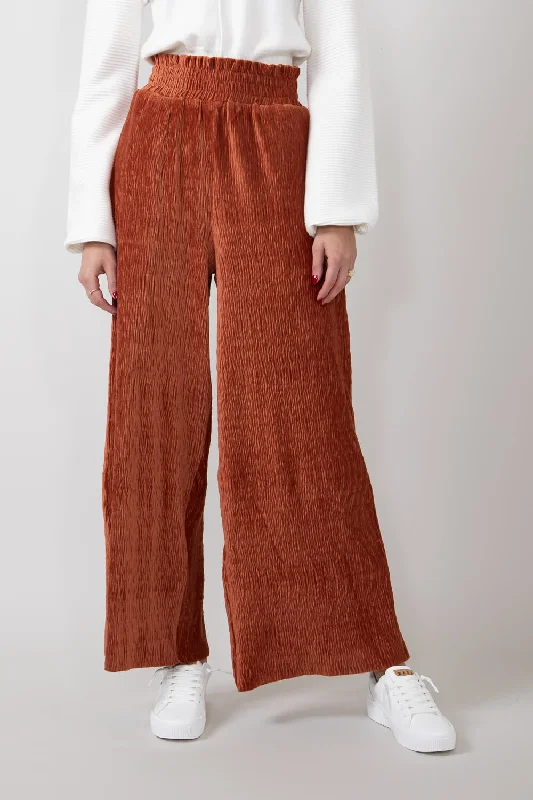 Velvet Smocked Waist Pants for Women in Rust | NP70324-RUST