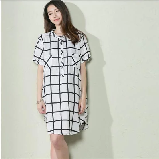 White grid summer baggy dress plus size shift dress sundresses