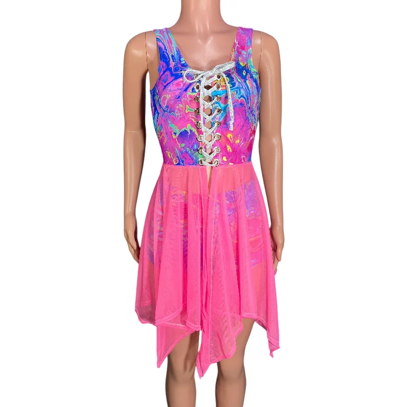 Sleeveless Lace-Up Open-Front Asymmetrical Fairy Dress *Rainbow Vapor w/Pink Mesh*