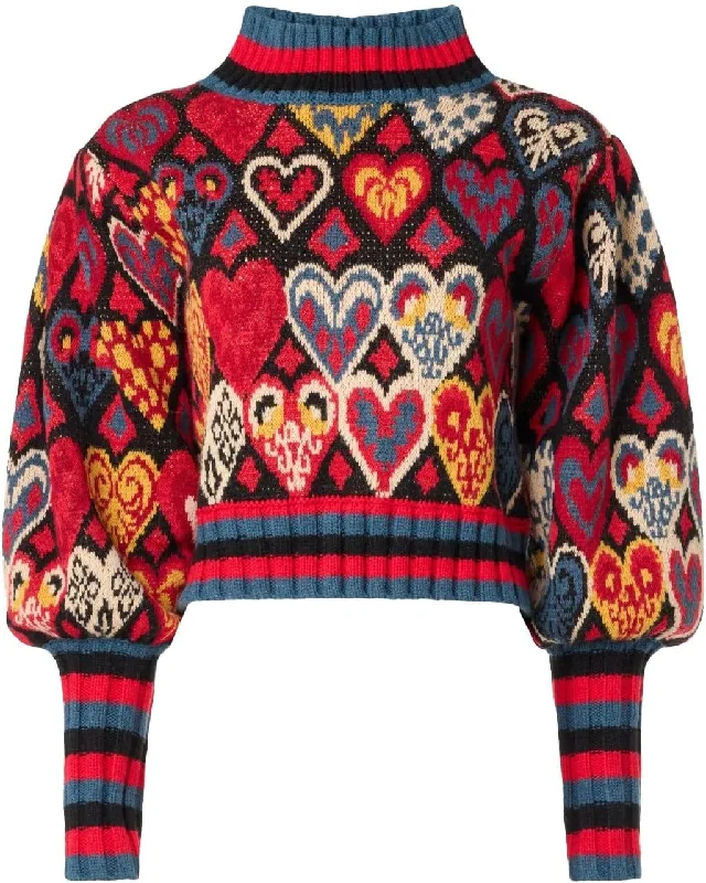 Farm Rio Women's Chunky Knit Sweater, Hearts Ikat Black