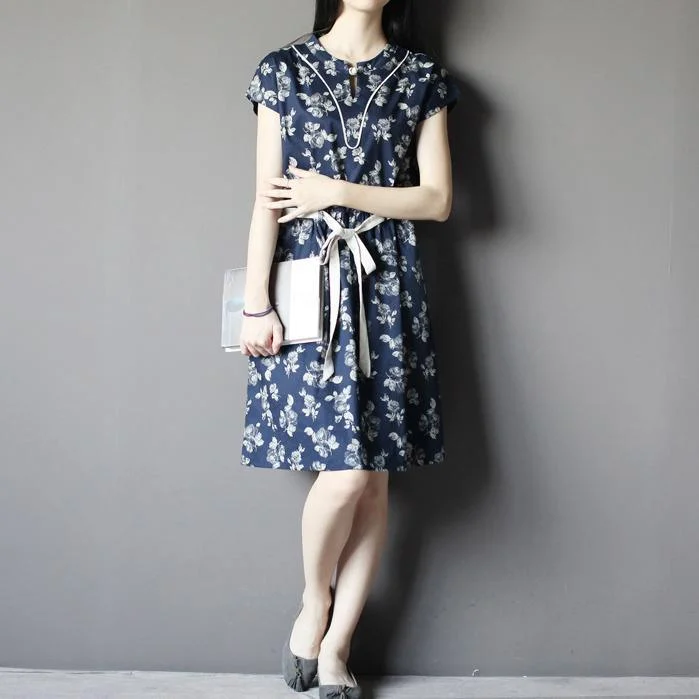 retro navy print tunic sundress plus size summer cotton dresses