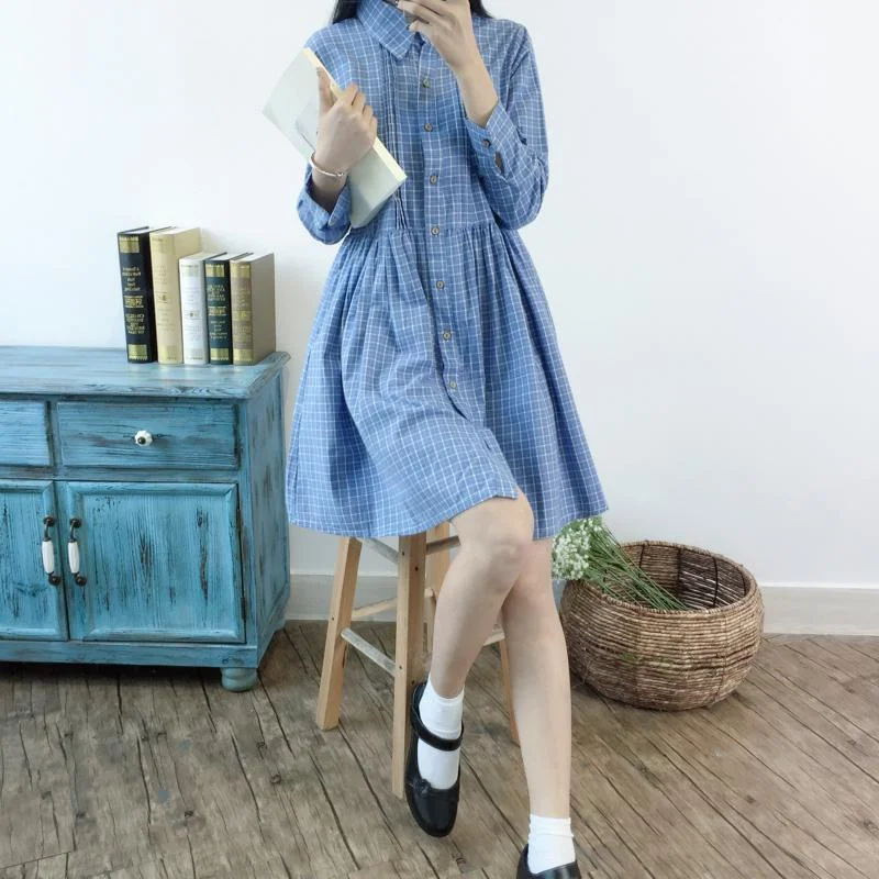 Blue retro plaid spring dress fit flare dresses linen