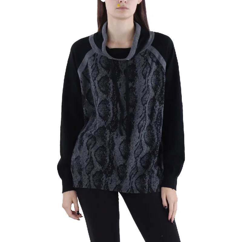 Womens Snake Print Pullover Funnel-Neck Sweater