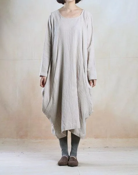 Beige Baggy linen maxi dress long plus size spring linen dresses