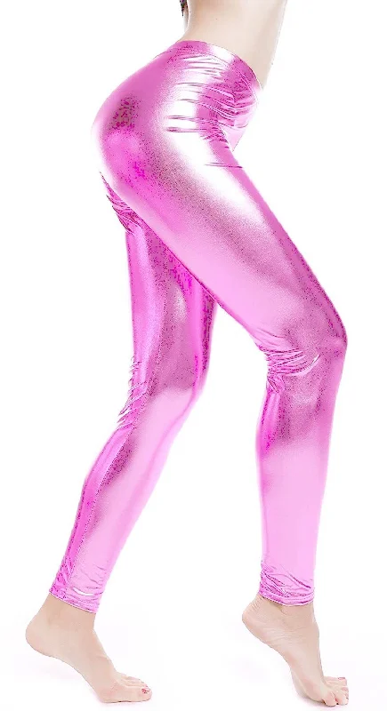 Metallic Leggings Stretchy Pants Neon Fluro Shiny Glossy Dress Up Dance Party - Light Pink