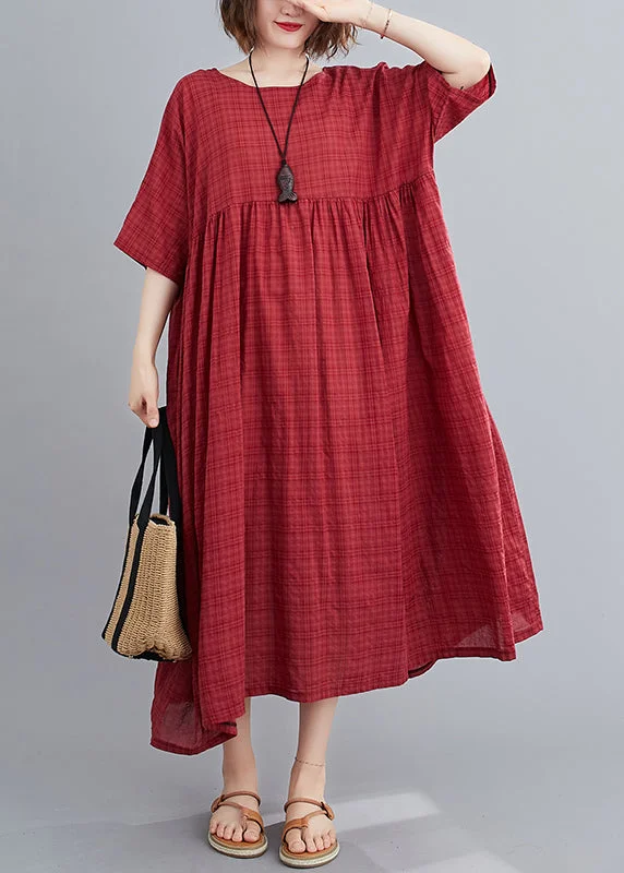 Plus Size Mulberry O-Neck Linen Long Dresses Short Sleeve