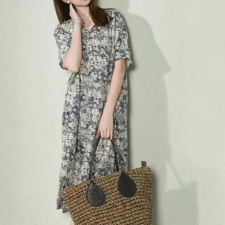 Navy Floral Linen Summer Maxi Dress Loose Long Sundress Casual Holiday Dresses ( Limited Stock)