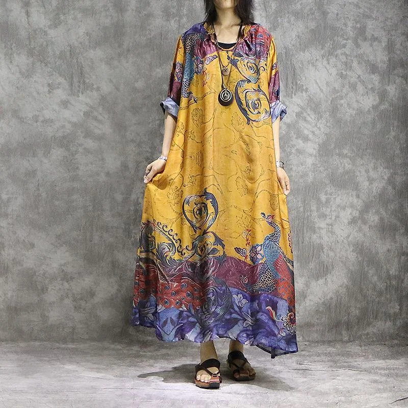 French prints Chiffon tunic dress Fashion design yellow Chiffon Dresses summer