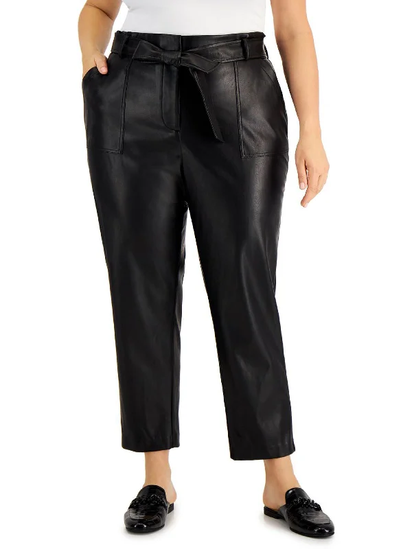 Plus Womens Faux Leather Tie Waist Straight Leg Pants