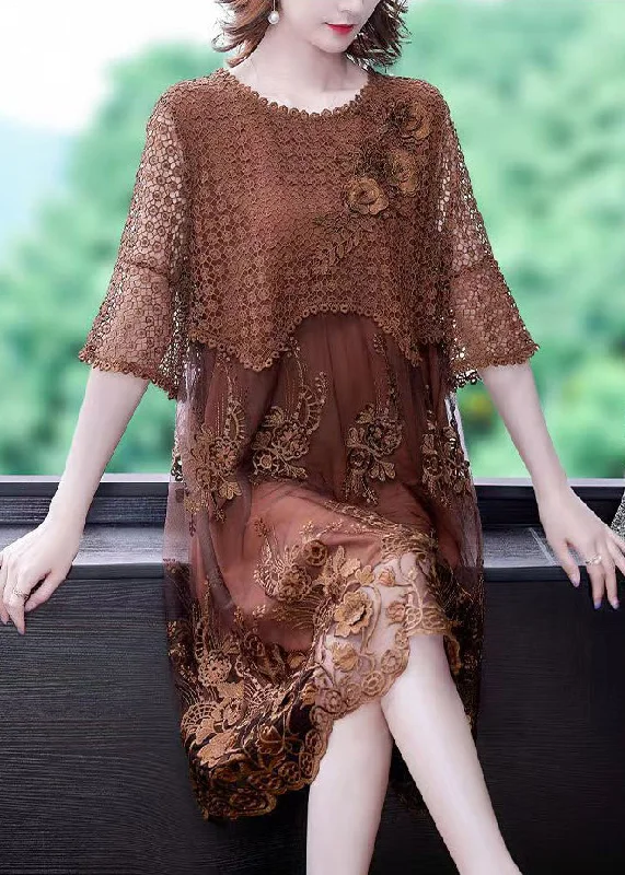 Women Brown O-Neck Embroideried Lace Vacation Dresses Half Sleeve