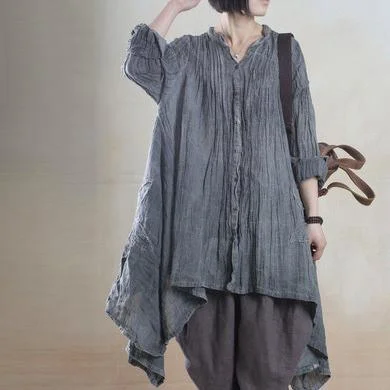 fall gray linen dresses half sleeve asymmetiral originally desgined plus size spring dress