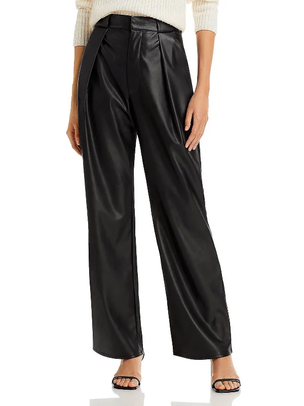 Womens Faux Leather High Waist Wide Leg Pants