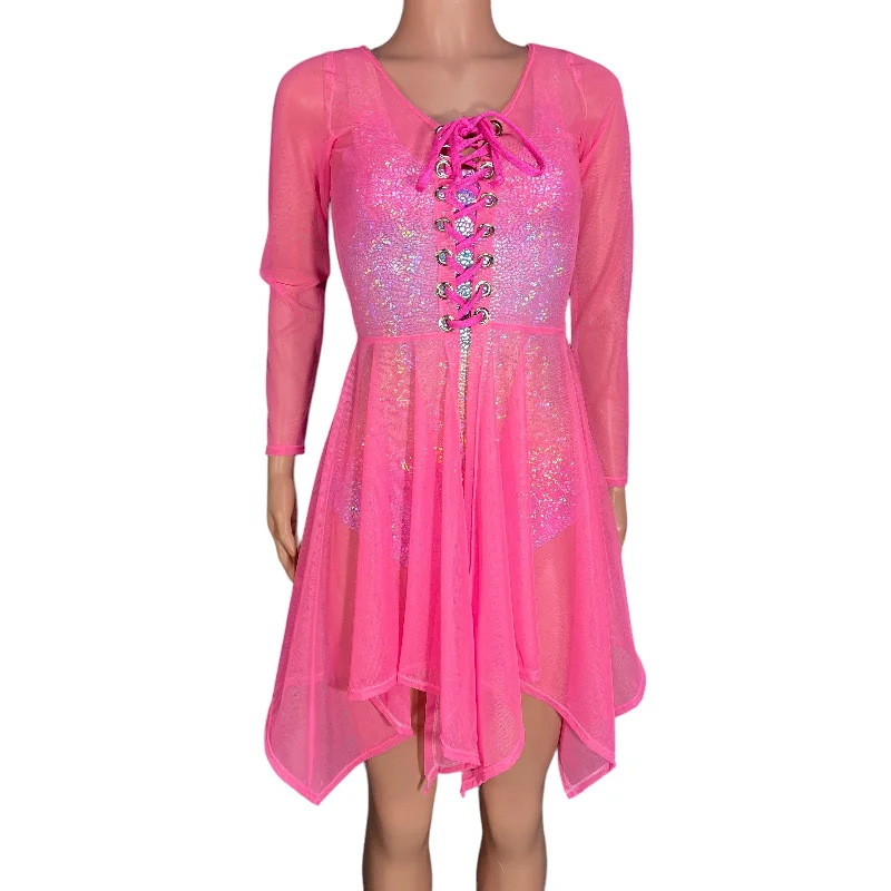 Pink Mesh Long Sleeve Lace-Up Open-Front Asymmetrical Dress - Sheer Rave Dress