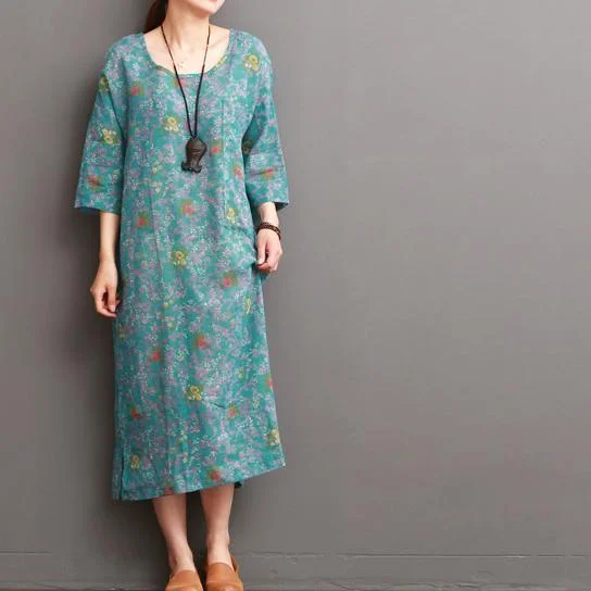 blue floral linen dresses for summer half sleeve