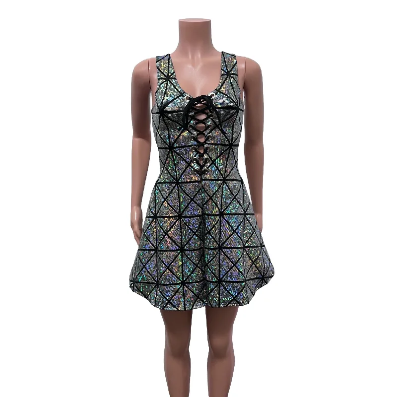 Lace-Up Open-Front Dress - Silver Glass Pane Holographic