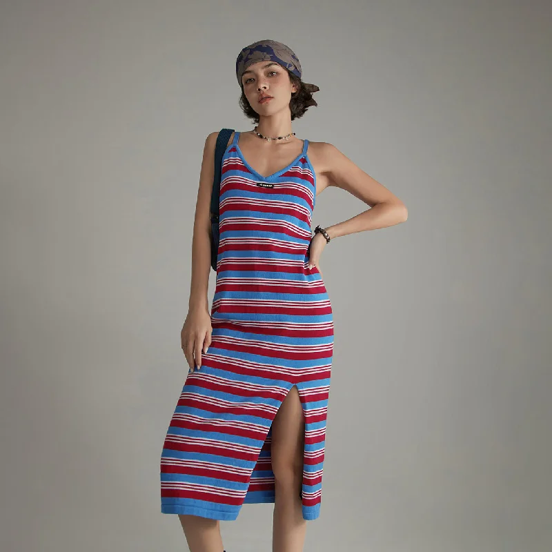 Color Striped Sleeveless Slit Long Strap Dress