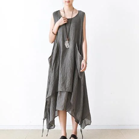 Gray asymmetrical cotton dresses summer maxi dresses sleeveless