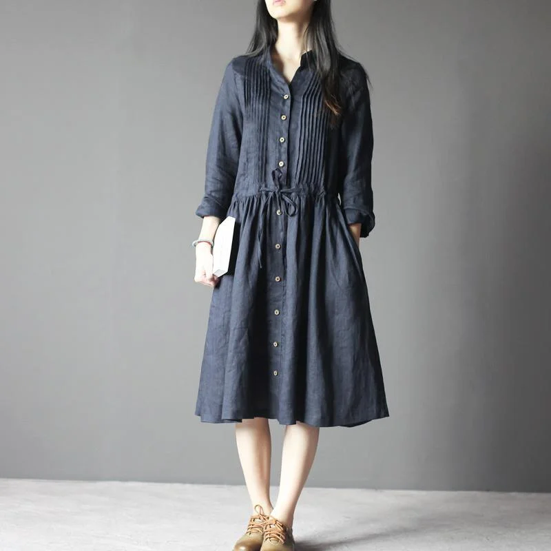 Navy Retro Linen dress long sleeve sundresses Plus size Casual style