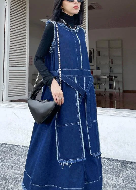 Style O Neck Patchwork Spring Tunic Pattern Sewing Denim Blue Long Dresses