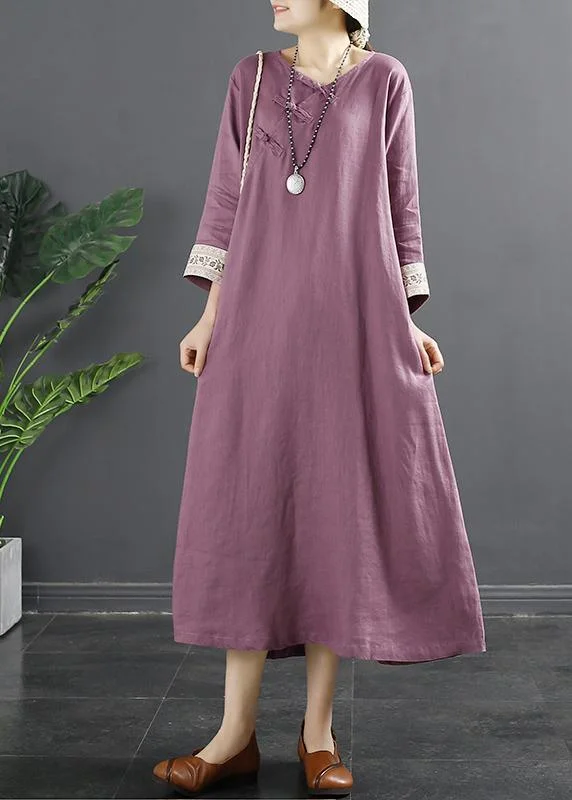 French Purple Clothes Embroidery Long Spring Dresses