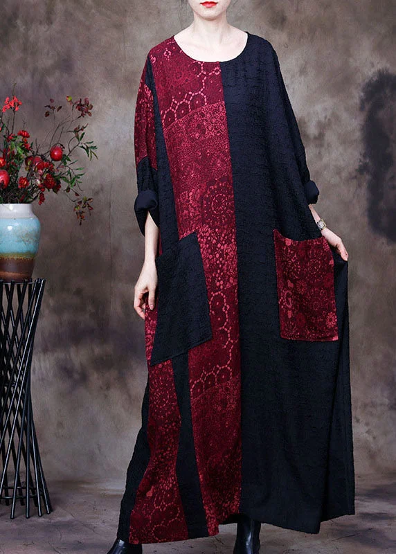 Black Patchwork Red O-Neck Pockets Silk Dresses Spring