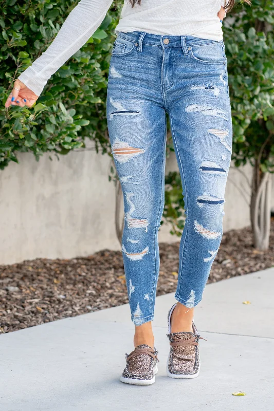 Denim Patch Mid Rise Ankle Skinny