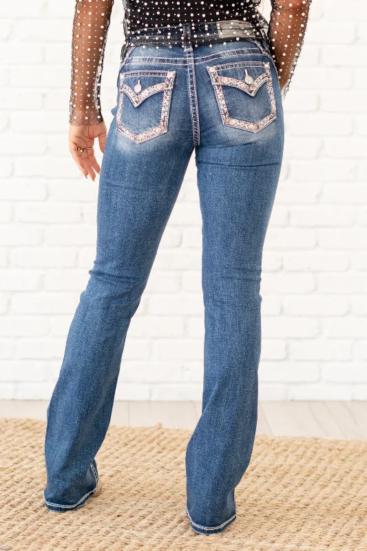 Pink Border Stitched Mid Rise Boot Cut