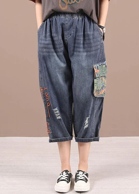 Blue Embroideried Elastic Waist Patchwork Summer Pockets Denim Pants