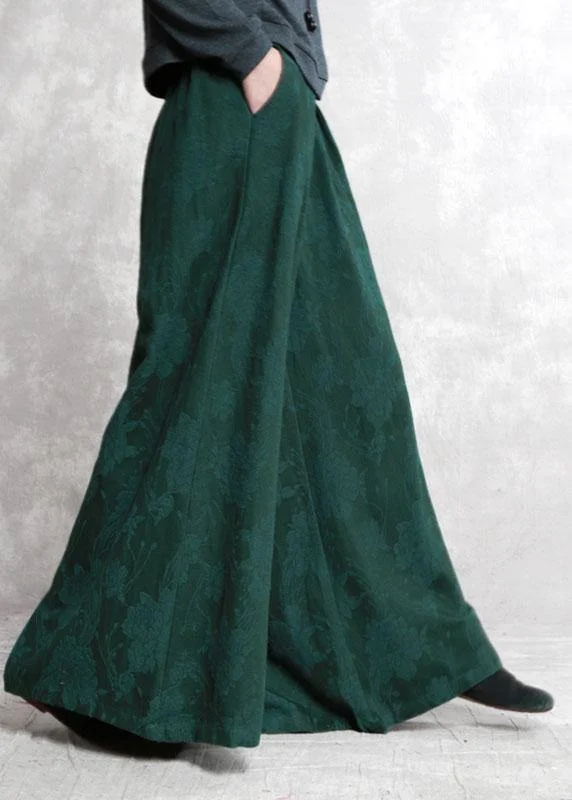 Bohemian Green Jacquard Pockets Fall Wide Leg Pants