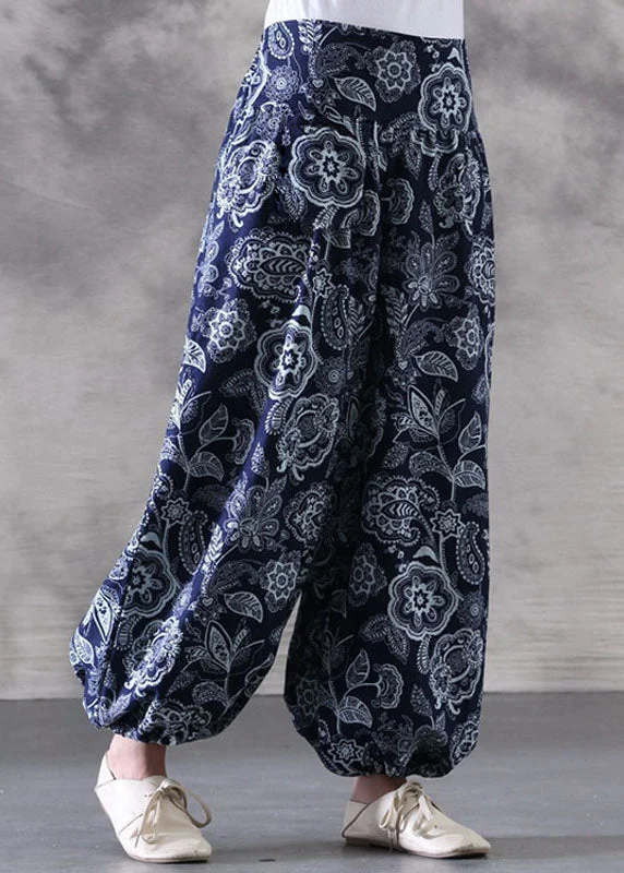 Bohemian Navy Print Elastic Waist Patchwork Cotton Lantern Pants Summer