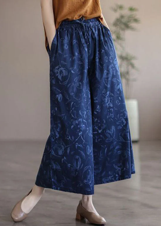 Boutique Navy Print Pockets Patchwork Cotton Wide Leg Pants Summer